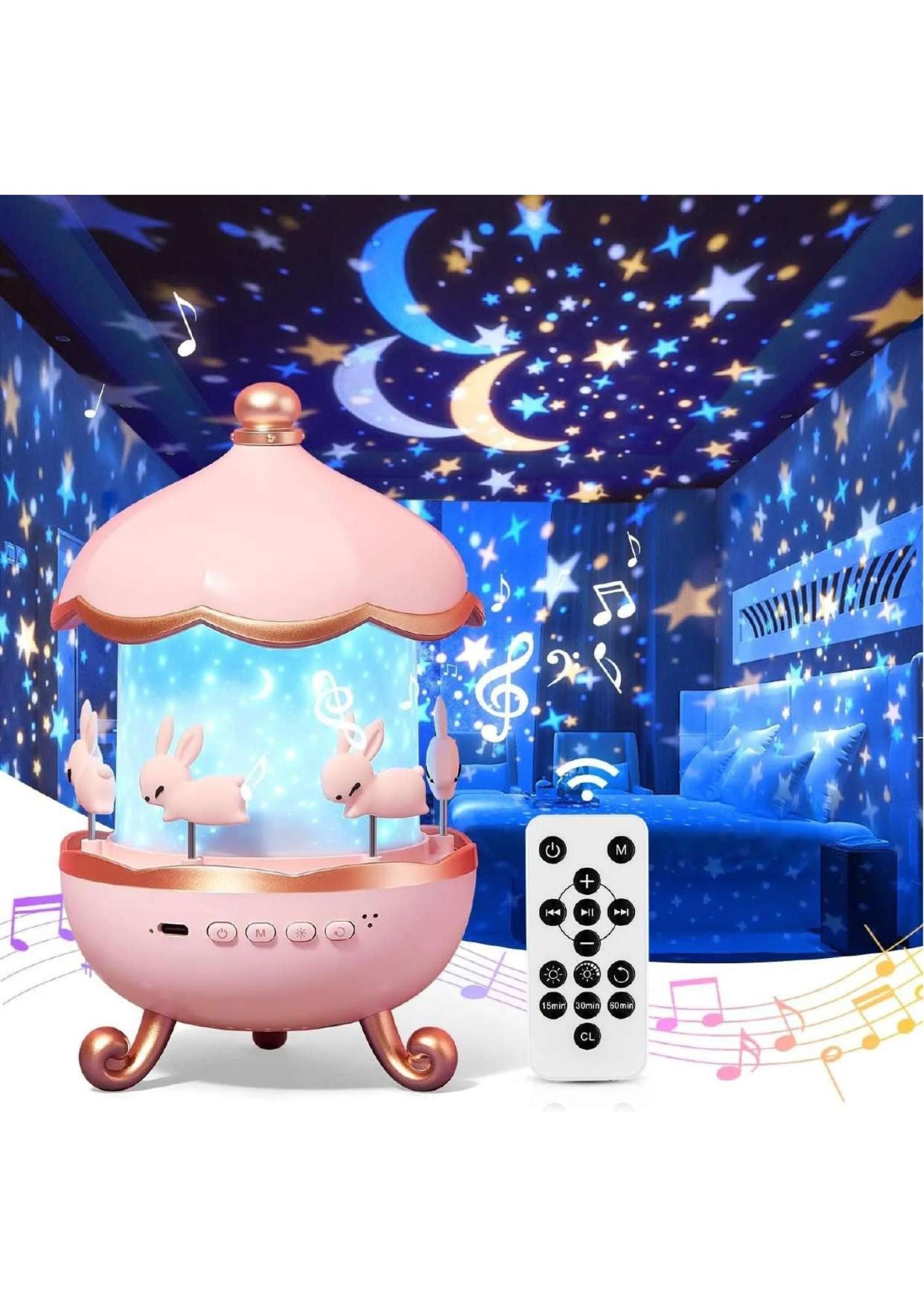 Rotating Rabits kids room Projector with remote and bluetooth speaker