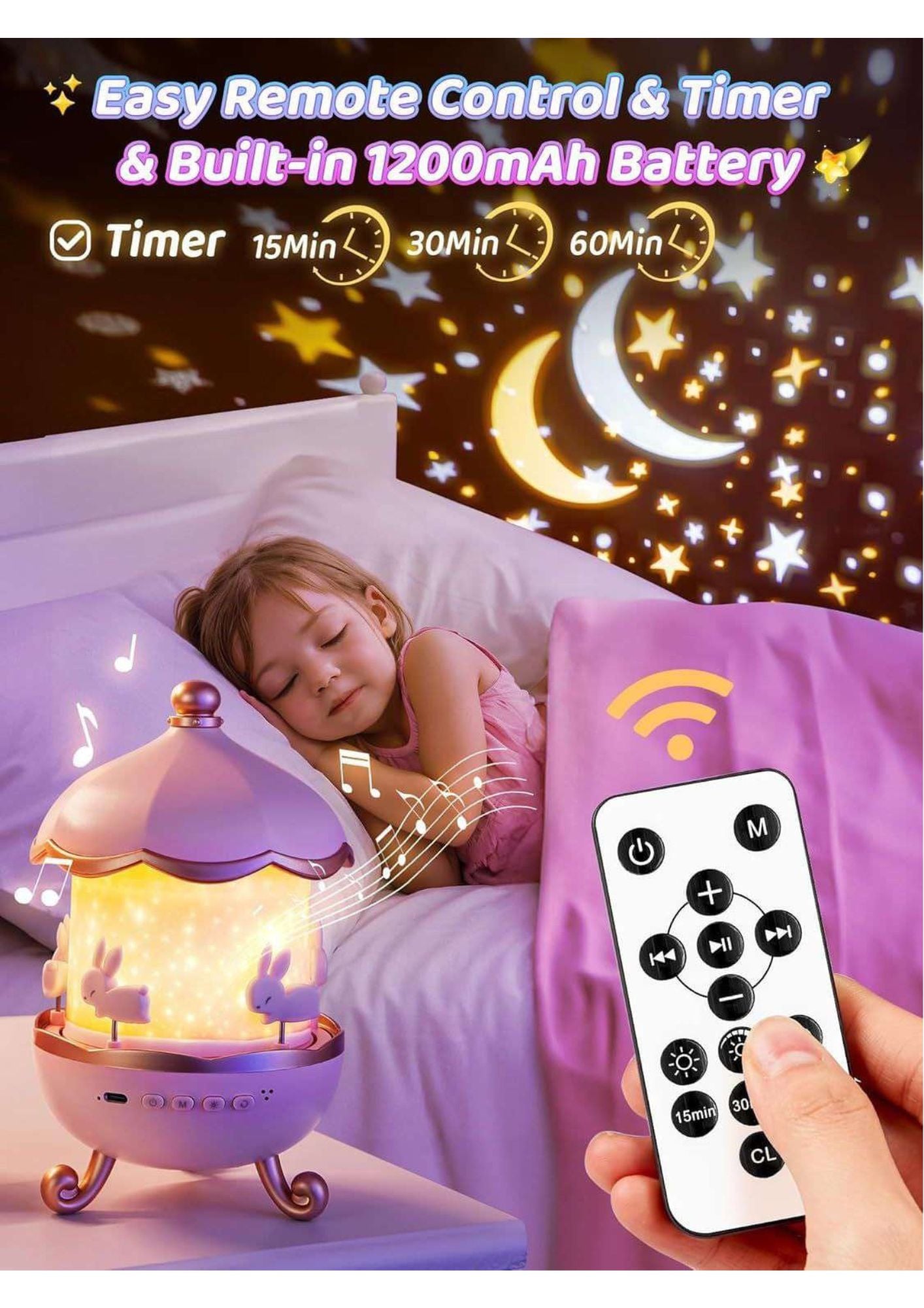 Rotating Rabits kids room Projector with remote and bluetooth speaker