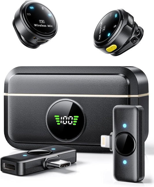 2 Pack Wireless Lavalier Microphone for iPhone – Hi-Fi Audio | 700ft Range | 30H Battery | Plug & Play