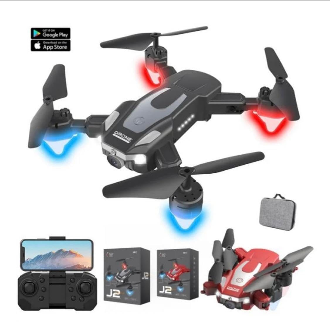 CAMLEIGH Remote Control Drone Toy for Kids with Built-in LED Lights and Dual HD Camera and Extra 1800mAh Battery-J2